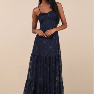 Lulus Poised Grace Navy Blue Burnout Floral Bustier Tiered Maxi Dress